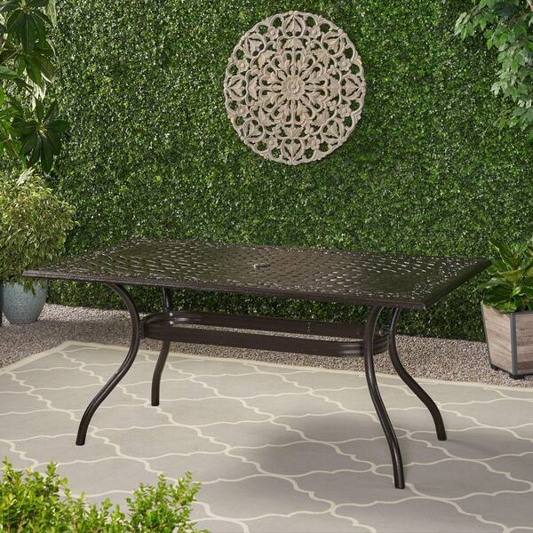 bronze rectangular patio table with umbrella hole 67 in., Rectangular Tabletop Aluminium Outdoor Dining Table with Umbrella  Hole, Bronze OTDITAUG1110B