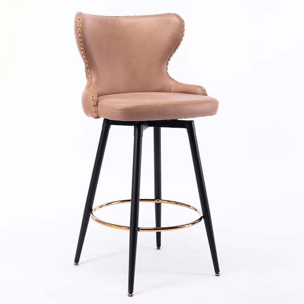 ATHMILE 41.3 in. Khaki High Back Metal Frame Swivel Bar Stool with Leathaire Fabric Set（Set of 2）