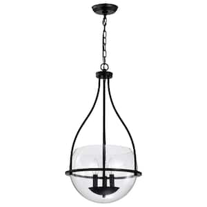 Amado 60-Watt 3-Light Matte Black Shaded Pendant Light with Clear Glass Shade and No Bulbs Included
