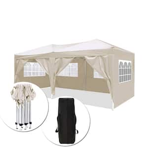 10 ft. x 20 ft. Beige Portable Wedding Party Gazebo Folding Canopy Pop Up Tent with 6 Removable Sidewalls, Carry Bag