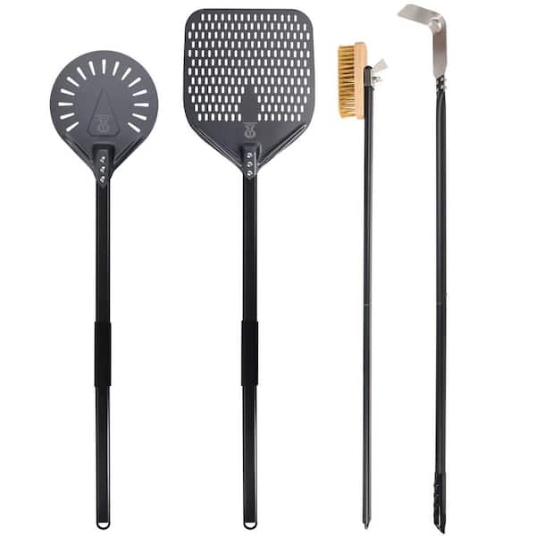 Aluminum Pizza Peel Kit with 9 Inch Perforated Turning Peel, 12x14" Rectangular Peel, 40-Inch Handle Brush & Ash Rake