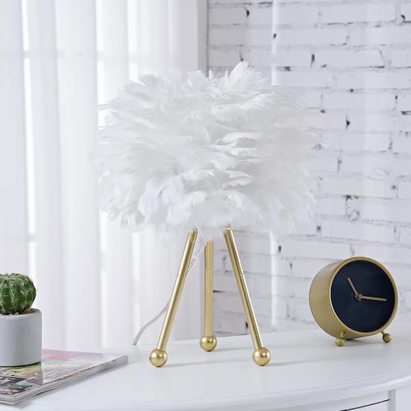 Maxax Columbus 14.5 in. Gold Tripod Table Lamp with White Feather