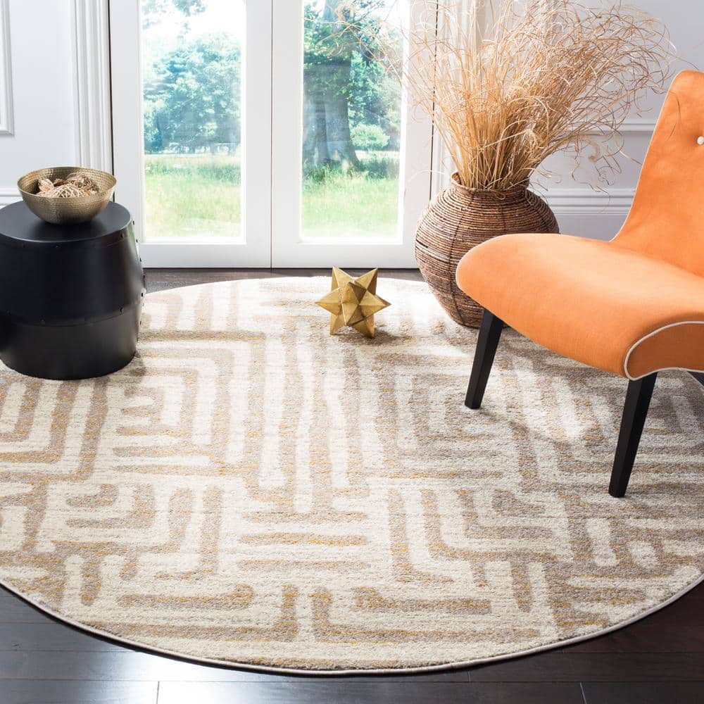 Ivory and Mauve Round Synthetic Abstract Area Rug