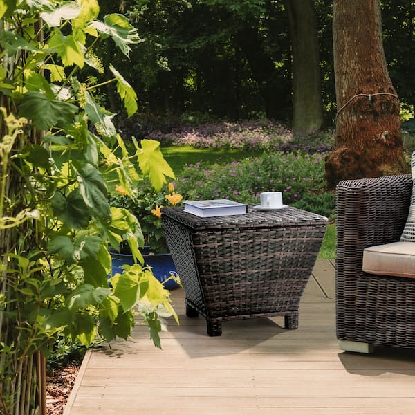 VINGLI Brown Pyramid Wicker Outdoor Side Table with Storage 13 Gallon Deck Storage Box Wicker End Table HDG56000688 The Home Depot