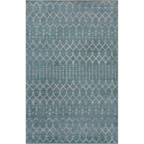 Leila Moroccan Diamond Trellis Machine-Washable Teal/Ivory 5 ft. x 8 ft. Area Rug