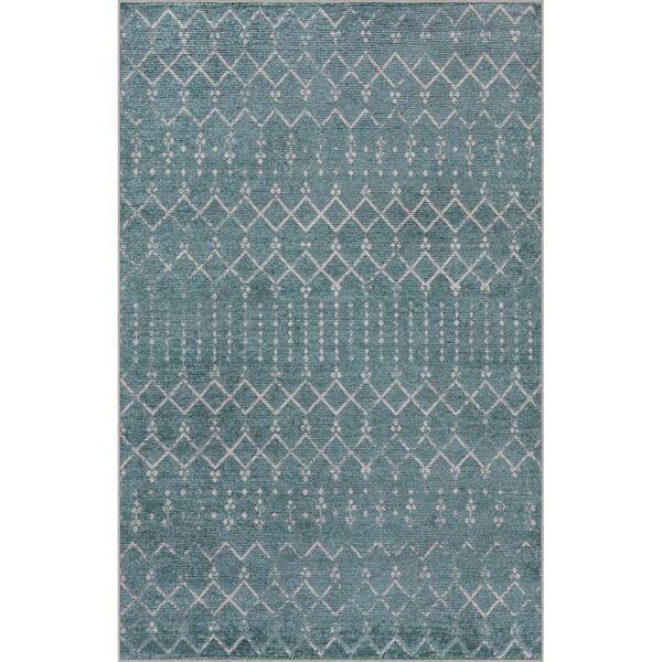 Leila Moroccan Diamond Trellis Machine-Washable Teal/Ivory 9 ft. x 12 ft. Area Rug