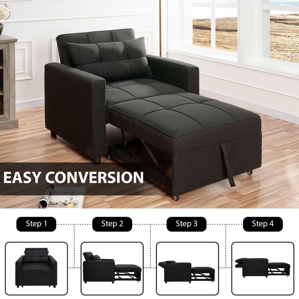 Black Linen Convertible Sleeper Accent Chair with Metal Frame