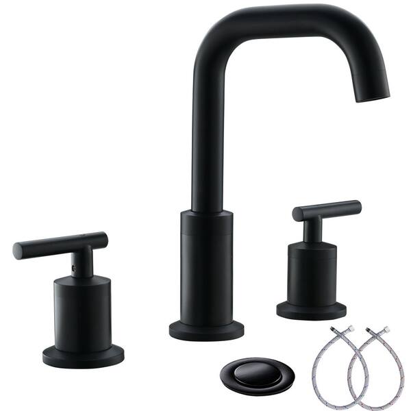 Phiestina 8 in. Widespread Double-Handle 3-Hole Bathroom Faucet with Full-Copper Pop Up Drain and Valve Kit in Matte Black