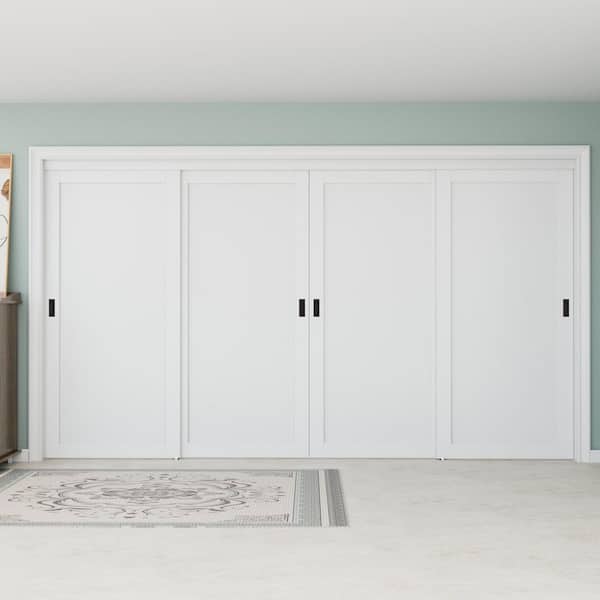 144 in. x 80 in. Paneled 1-Lite White Finished MDF Muti-Design Sliding Door with Hardware