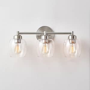 22.2 in. 3-Light Brushed Nickel Bathroom Vanity Light with Clear Glass Shades