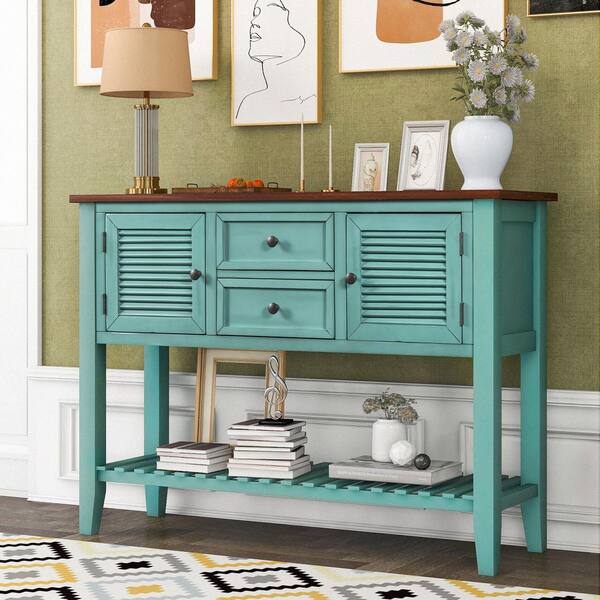 Standard Rectangle Wood Console Table, Teal Console Table With Storage And