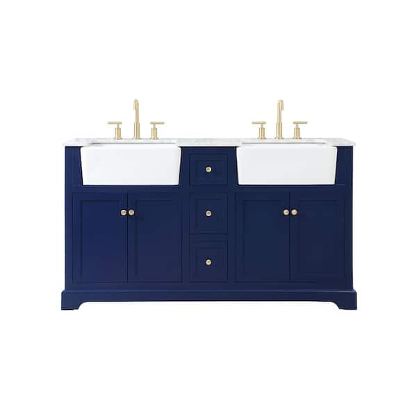 Unbranded Simply Living 60 in. W x 22 in. D x 34.75 in. H Bath Vanity in Blue with Carrara White Marble Top