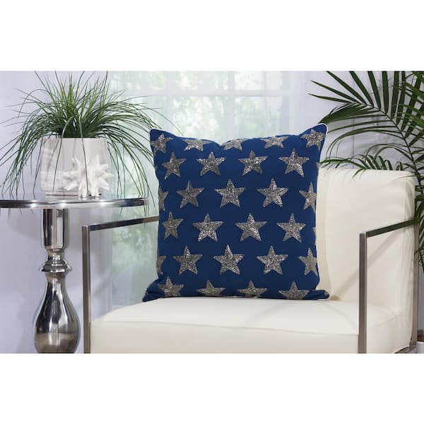 Mina Victory Beaded Stars Outdp 20 in. x 20 in. Navy and Silver Indoor and Outdoor Pillow