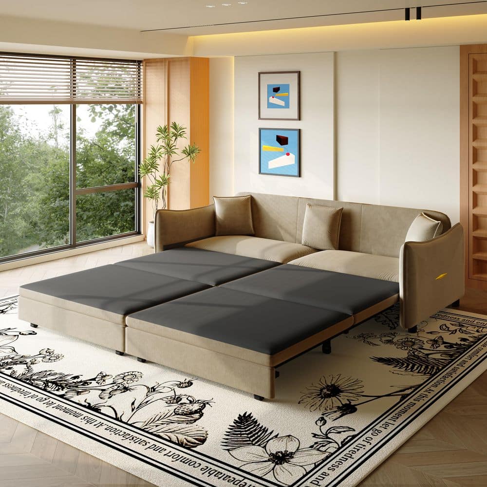 81.9 in. W Camel Velvet King Size 3 in 1 Convertible Sofa Bed with 3 Pillows, Pull Out Bed