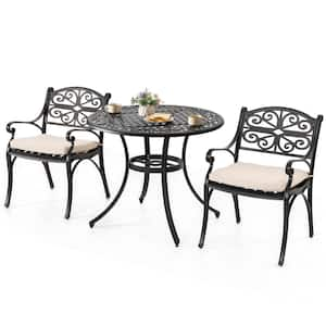 Black with Gold-Painted Edge 3-Piece Cast Aluminum Outdoor Bistro Set with Olefin Beige Cushions and Umbrella Hole