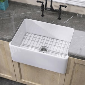 24 in. Large Apron Front Farmhouse Sink Single Bowl White Fireclay Farmhouse Kitchen Sink with Bottom Grids and Strainer