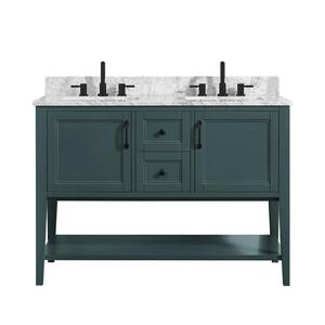 Sherway 49 in. W x 22 in. D Bath Vanity in Antigua Green with Marble Vanity Top in Carrara White with White Basins