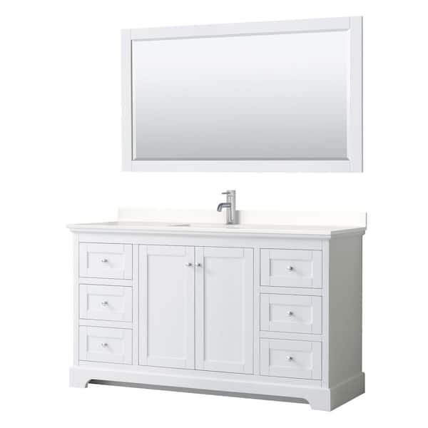 Wyndham Collection Avery 60 in. W x 22 in. D x 35 in. H Single Bath Vanity in White with White Quartz Top and 58 in. Mirror