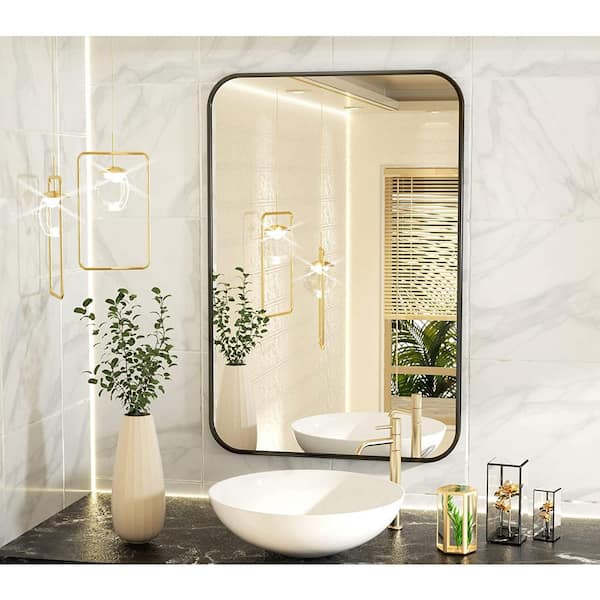 Koonmi 20 in. W x 28 in. H Rectangular Aluminum Alloy Framed Rounded Black Wall Mirror Bathroom Vanity Mirror