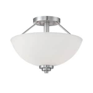 2-Light Satin Nickel Semi Flush Mount with Etched White Glass