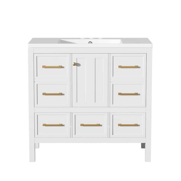 36 in. H Bathroom Decorative Cabinet with Resin Sink and Solid Wood Frame 5 Drawers and Dividers White