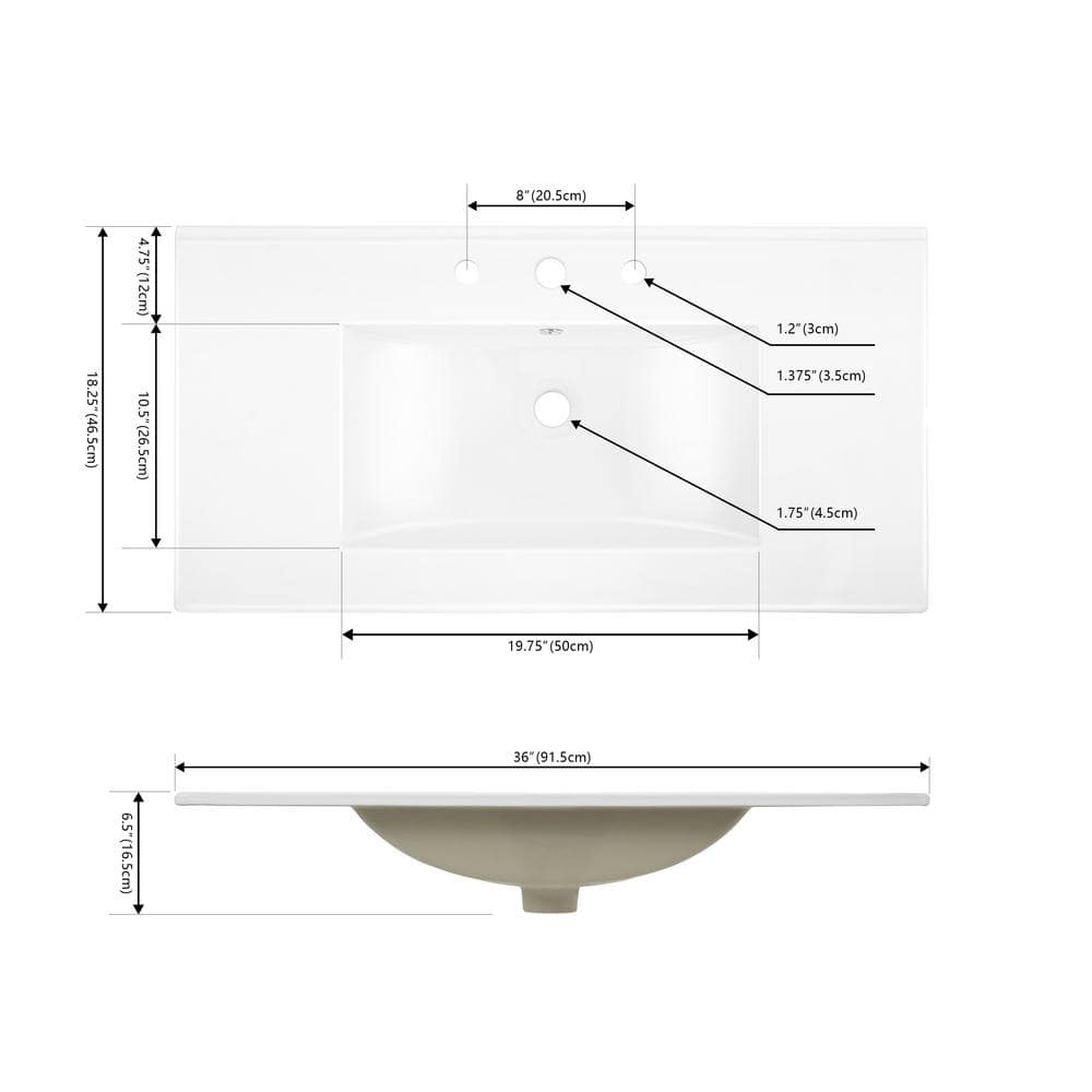 White Rectangular Ceramic Vanity Sink Top with 3 Holes