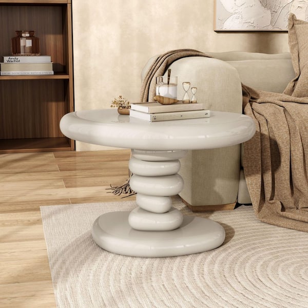 Brune 21.7 in. Cream Modern Oval High Gloss Low Profile MDF End Table