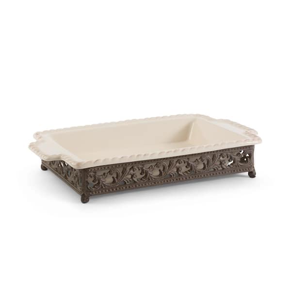 GG COLLECTION 14 in. x 9 in. Acanthus Ceramic Baker with an Artfully Crafted Scrolled Metal Base
