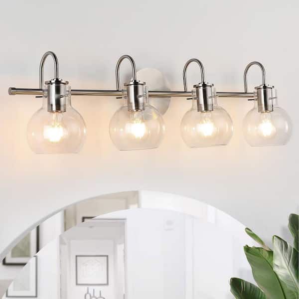 JUSHENG 28.5 in. 4-Light Nickel Bathroom Vanity Light with Clear Glass Shade for Bathroom Modern Wall Sconce