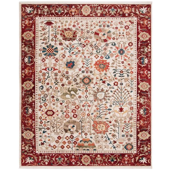 Kashan Ivory/Red 9 ft. x 12 ft. Floral Border Area Rug