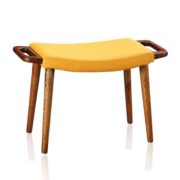 Manhattan Comfort Geta Mid-Century Modern Yellow and Antique Walnut Linen Weave Upholstered Ottoman