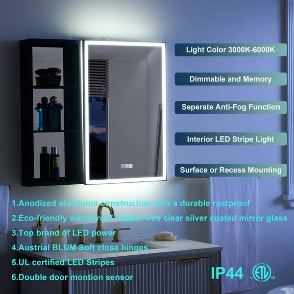 WELLFOR Right Hinge 24-in x 32-in Lighted LED Fog Free Surface Mount Aluminum Mirrored Soft Close Medicine Cabinet with Outlet