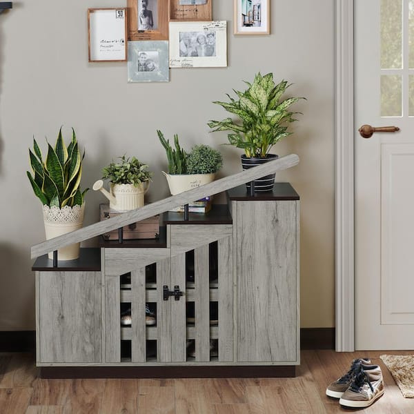 Furniture of America Elias Vintage Gray Novelty Staircase Shoe Cabinet With Window-Panel Doors