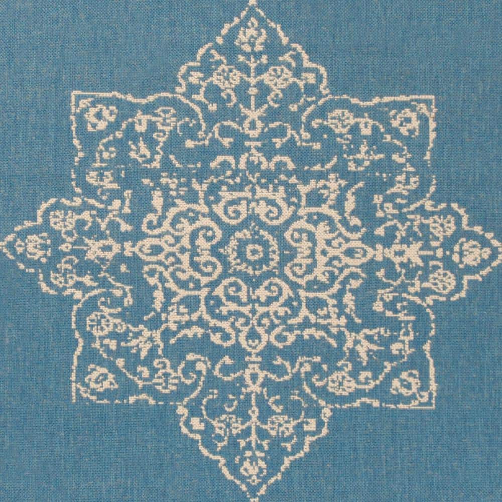 Cream and Blue Rectangular Stain-Resistant Outdoor Rug