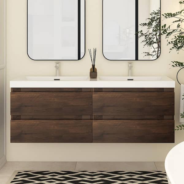 Angela 60 in. W x 19.5 in. D x 20.5 in. H Wall-Mounted Bath Vanity in Rose Wood with White Cultured Marble Top