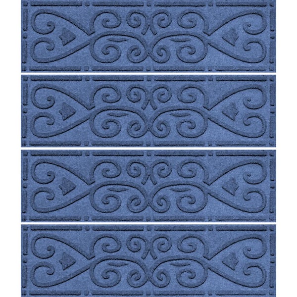 Bungalow Flooring Waterhog Scroll 8.5 in. x 30 in. PET Polyester Indoor Outdoor Stair Tread Cover (Set of 4) Navy