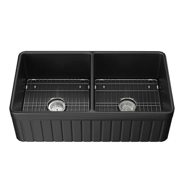 JimsMaison 33 in. Farmhouse/Apron-Front Double Bowl Fireclay Kitchen Sink with Bottom Grid