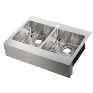 Brimley Retrofit Dual Mount Stainless Steel 33 in. 1-Hole 50/50 Double Bowl Flat Farmhouse Apron Front Kitchen Sink