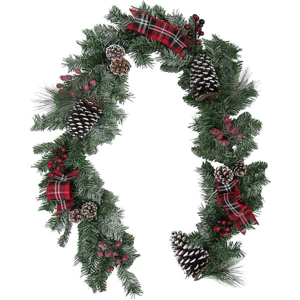 Fraser Hill Farm 6 ft. Artificial Christmas Garland with Pinecones, Berries and Plaid Bows in Green