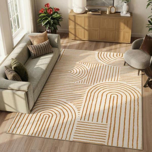 Abstract Rainbow Striped Washable Non-Slip Beige 6 ft. x 9 ft. Living Room Bedroom Area Rug