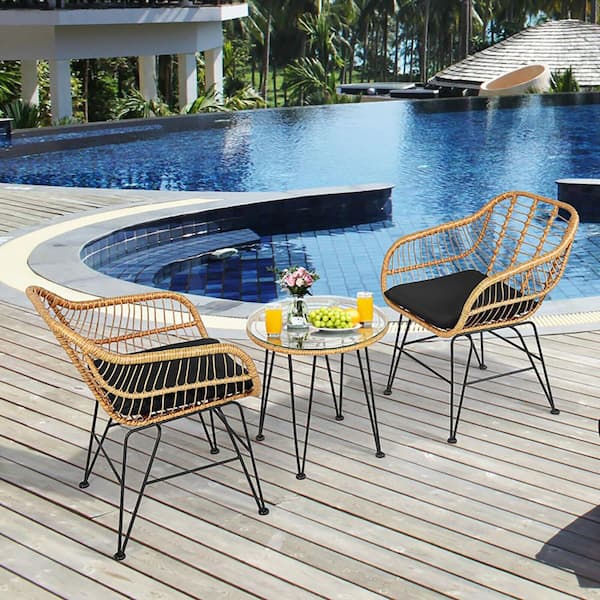 Boyel Living 3-Pieces Metal Rattan Patio Conversation Set with Black Cushioned Chair Table