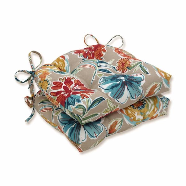 Pillow Perfect Floral 17.5 x 17 Outdoor Dining Chair Cushion in Tan/Blue/Green (Set of 2)
