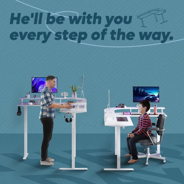 63 in. L-Shaped White Carbon Fiber Wood Sit to Stand Desk with 3-Height Memory Presets and USB Port and Monitor Stand