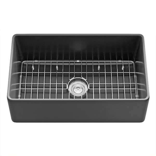 Sinber 3018 30 in. Farmhouse Apron Single Bowl Black Fireclay Kitchen Sink with Bottom Grid and Drain