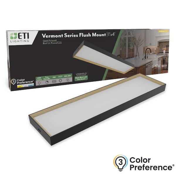VERMONT 4 ft. x 12 in. Black with Oak Accent LED Flush Mount Ceiling Light 4500LM 55W 3000K 4000K 5000K Dimmable 120V