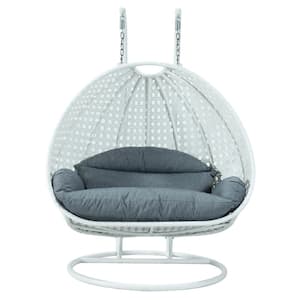 White Wicker Hanging 2-Person Egg Swing Chair Porch Swing With Charcoal Blue Cushions