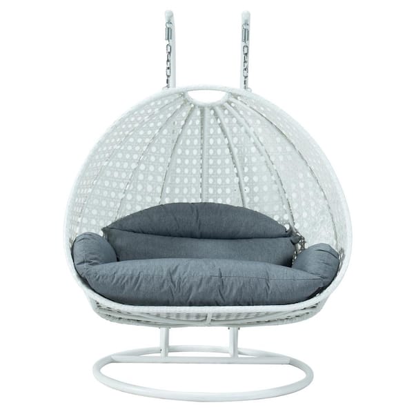 2-Person Egg Swing Chair White Wicker Outdoor Patio Hanging Chair with Light Grey Cushions