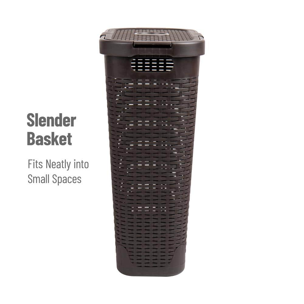 Brown Plastic Wicker Design Collapsible Laundry Basket with Lid