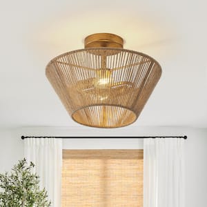 13.8 in. 2-Light Bohemian Brown Woven Rope Caged Semi-Flush Mount Ceiling Light