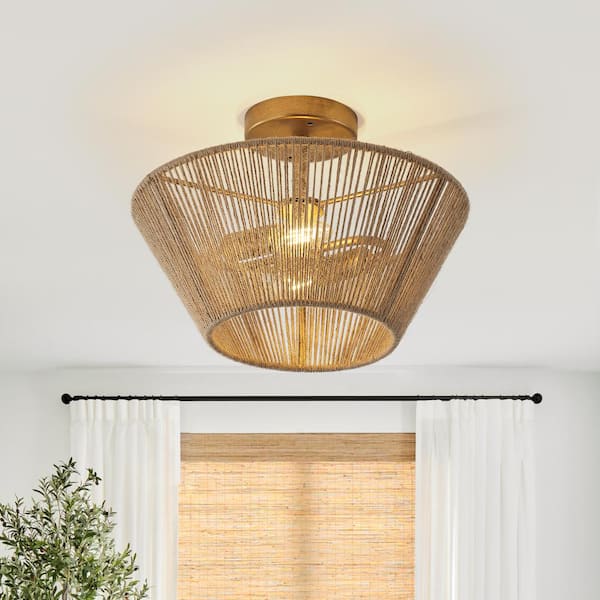 matrix decor 13.8 in. 2-Light Bohemian Brown Woven Rope Caged Semi ...